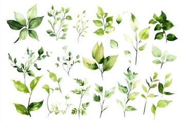 A collection of fresh green leaves against a pure white background