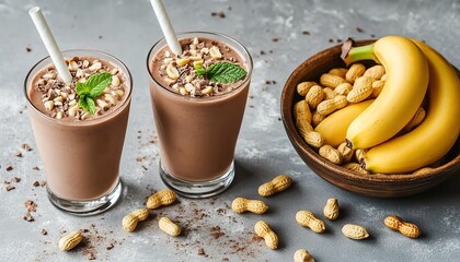 A photo of two glasses with chocolate milkshakes, decorated with mint leaves and white straws, placed on the left side against a gray background
