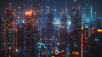 Fototapeta premium Smart digital Innovation city with connection network reciprocity over the cityscape. of future smart wireless digital city and social media networking systems that connects people with in city