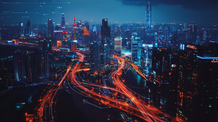 Fototapeta premium Smart digital Innovation city with connection network reciprocity over the cityscape. of future smart wireless digital city and social media networking systems that connects people with in city