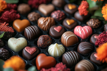 Obraz premium A selection of heart-shaped chocolates and candies displayed in a decorative arrangement with flowers and ribbons for Valentine's Day