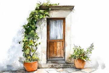 Fototapeta premium A doorway surrounded by potted plants, great for interior or exterior use