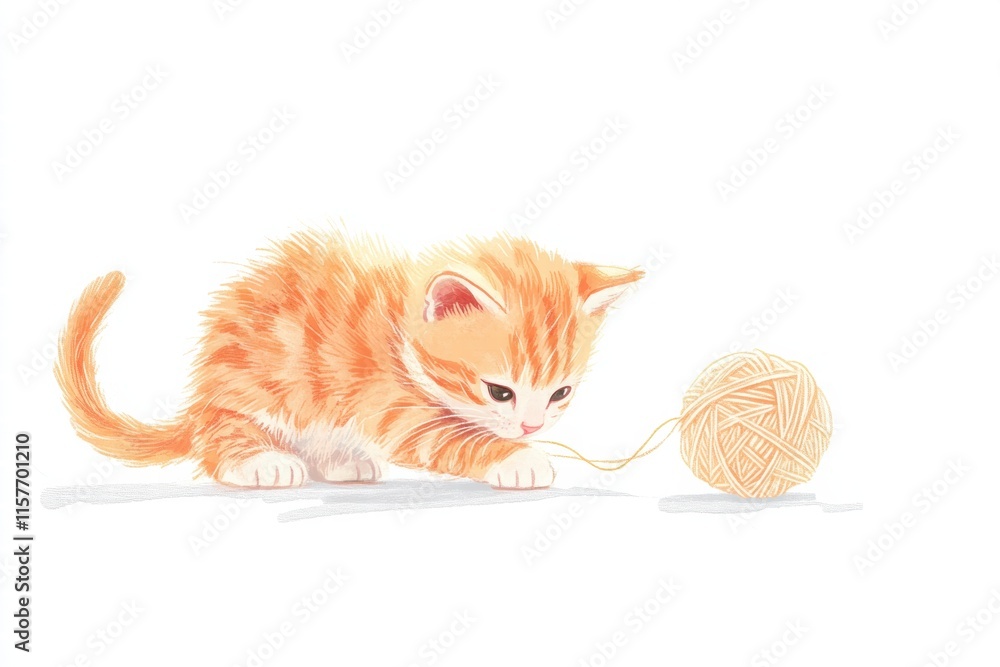 Poster cute kitten joyfully playing with a ball of yarn in a bright and playful setting. generative ai