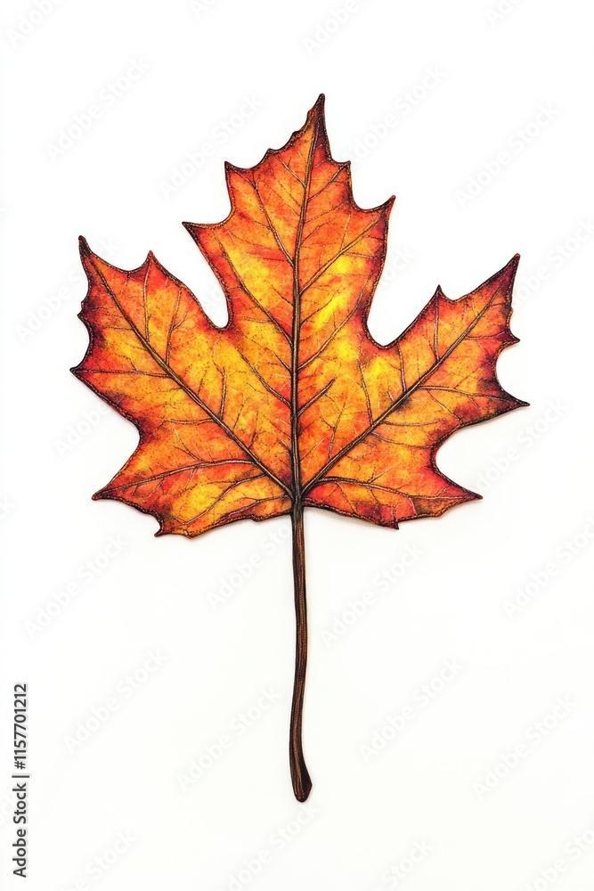 Poster a single orange maple leaf sits on a white background, isolated and highlighted