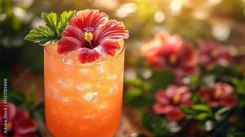 Poster a refreshing drink topped with a colorful flower