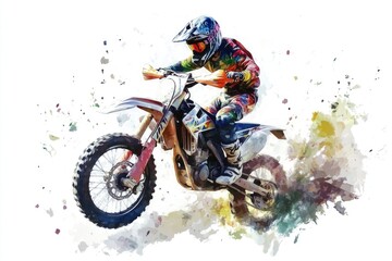 A person performs an aerial stunt on a dirt bike, flying through the air
