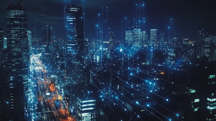 Naklejka premium Smart digital Innovation city with connection network reciprocity over the cityscape. of future smart wireless digital city and social media networking systems that connects people with in city