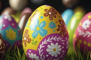 A group of Easter eggs sit on top of a lush green field, waiting to be discovered
