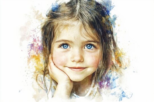 A portrait of a young child with striking blue eyes, a innocent and curious expression