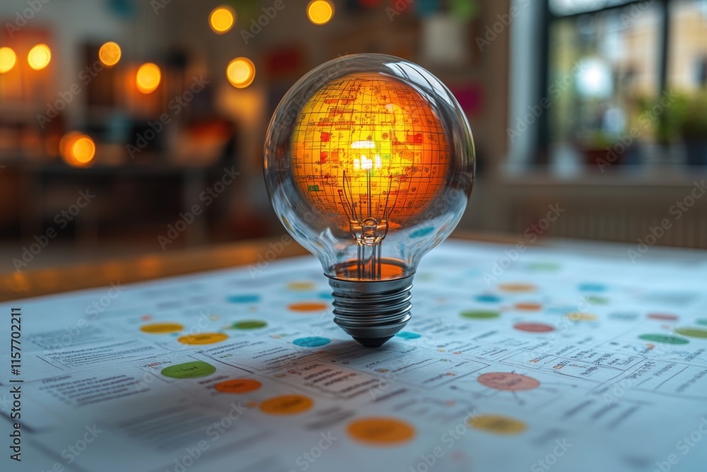 Poster A single light bulb sits on top of a table with a simple design