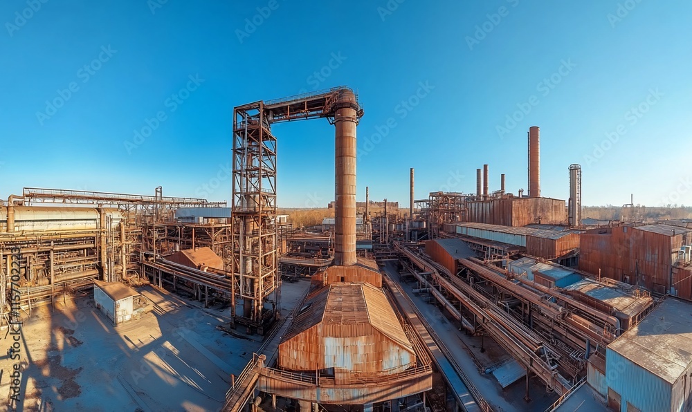 Poster a panoramic view of an industrial site with large structures and smokestacks.