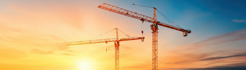 Construction cranes silhouetted against vibrant sunset sky, symbolizing urban development and progress