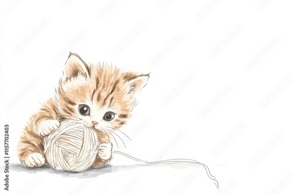 Aufkleber cute kitten entertains itself by playing with a ball of yarn in a cozy indoor space suitable for moc