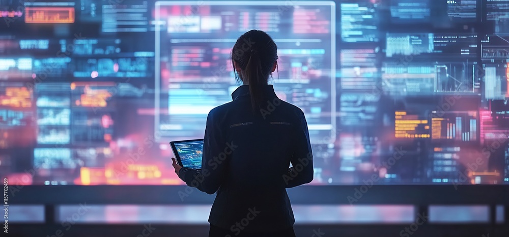 Poster a person analyzes data on a digital screen with a tablet in hand.