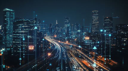 Fototapeta premium Smart digital Innovation city with connection network reciprocity over the cityscape. of future smart wireless digital city and social media networking systems that connects people with in city