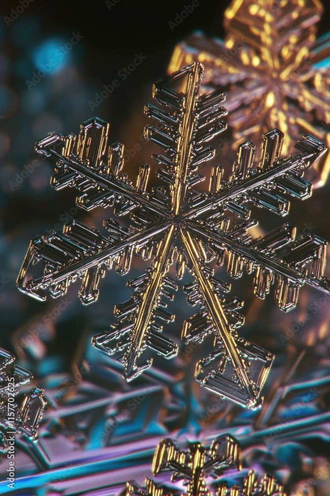 Poster a detailed view of a single snowflake on a table, highlighting its intricate patterns and textures