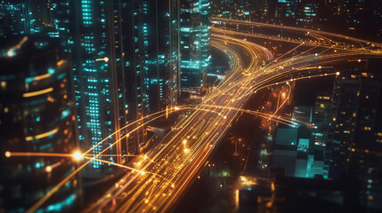 Obraz premium Smart digital Innovation city with connection network reciprocity over the cityscape. of future smart wireless digital city and social media networking systems that connects people with in city