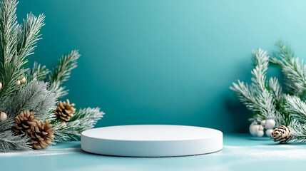 A white frosted pedestal surrounded by artificial snow and delicate pine branches. 