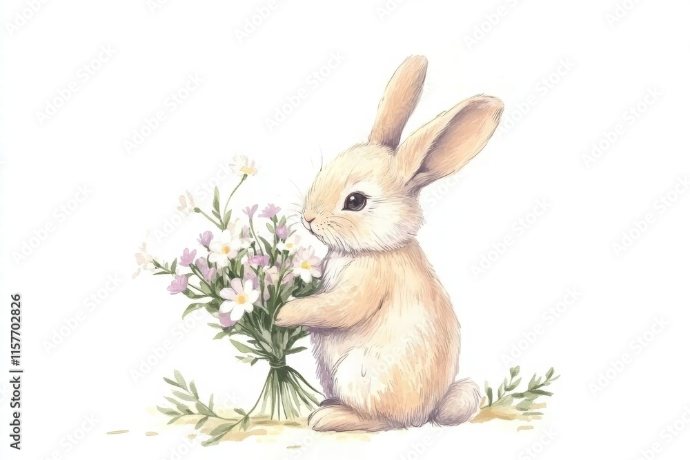 Aufkleber cuddly rabbit holds a bouquet of flowers in a delightful illustration with space for text. generativ