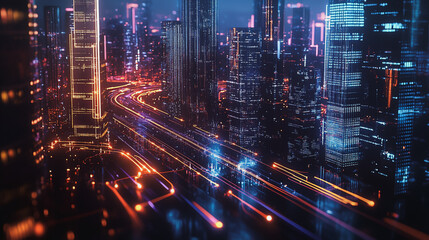 Smart digital Innovation city with connection network reciprocity over the cityscape. of future smart wireless digital city and social media networking systems that connects people with in city