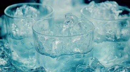 Icy Refreshment: Crystal Clear Glasses Filled with Sparkling Ice Cubes