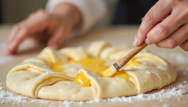 Baking hands brushing egg yolk on pastry dough