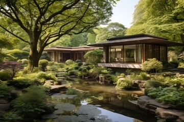 Obraz premium landscape design garden with house in japanese style