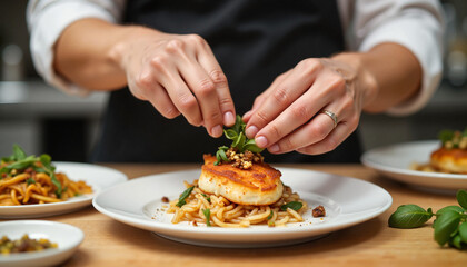 Chef garnishing plate with fish and pasta in a kitchen setting