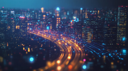 Smart digital Innovation city with connection network reciprocity over the cityscape. of future smart wireless digital city and social media networking systems that connects people with in city