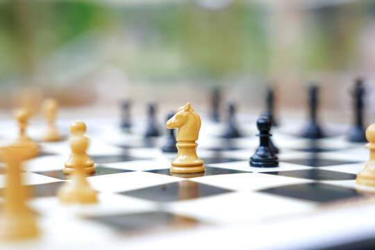 Chessboard Outside with White and Black Pieces in Focus