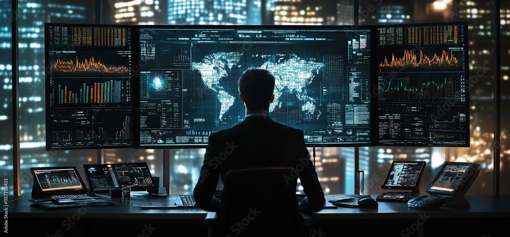 Poster a person analyzing data on multiple screens in a high-tech office.
