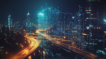 Fototapeta premium Smart digital Innovation city with connection network reciprocity over the cityscape. of future smart wireless digital city and social media networking systems that connects people with in city