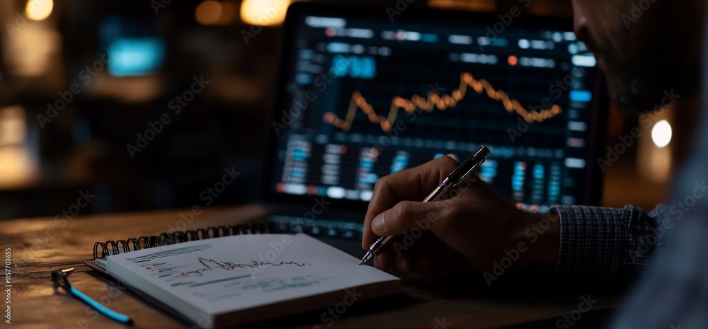 Poster a person analyzing financial data on a laptop while taking notes in a notebook.