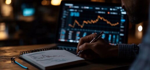 A person analyzing financial data on a laptop while taking notes in a notebook.