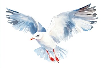Obraz premium A beautiful watercolor painting of a seagull soaring through the sky, its wings spread wide