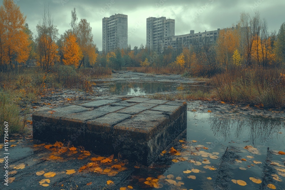 Poster a person sitting on a concrete block in the middle of a river, surrounded by calm water and possibly