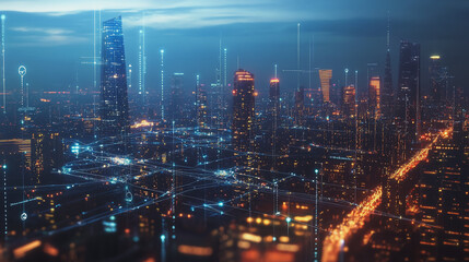 Smart digital Innovation city with connection network reciprocity over the cityscape. of future smart wireless digital city and social media networking systems that connects people with in city