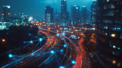 Obraz premium Smart digital Innovation city with connection network reciprocity over the cityscape. of future smart wireless digital city and social media networking systems that connects people with in city