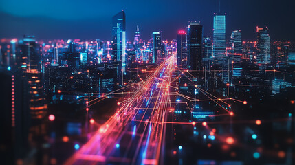 Fototapeta premium Smart digital Innovation city with connection network reciprocity over the cityscape. of future smart wireless digital city and social media networking systems that connects people with in city