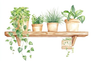 Watercolor illustration of potted plants on a shelf, great for interior design or gardening themes