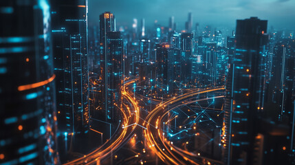 Fototapeta premium Smart digital Innovation city with connection network reciprocity over the cityscape. of future smart wireless digital city and social media networking systems that connects people with in city