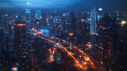 Fototapeta premium Smart digital Innovation city with connection network reciprocity over the cityscape. of future smart wireless digital city and social media networking systems that connects people with in city