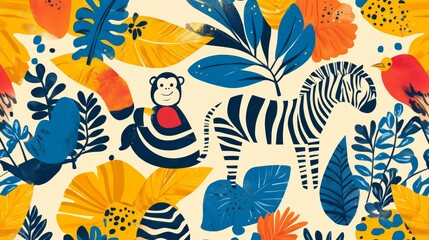 Vibrant jungle wildlife scene featuring a monkey and zebra tropical forest illustration colorful environment playful concept