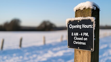 opening hours concept. A snowy landscape featuring a sign detailing opening hours and holiday closures.