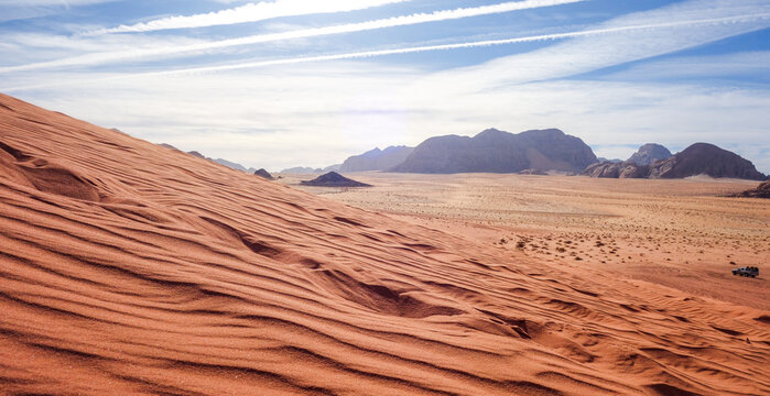 Panoramic desert scenery of Wadi Rum, Jordan