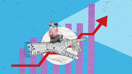 Signpost - a cyber AI hand shows the business woman with binoculars where to look. Find information...