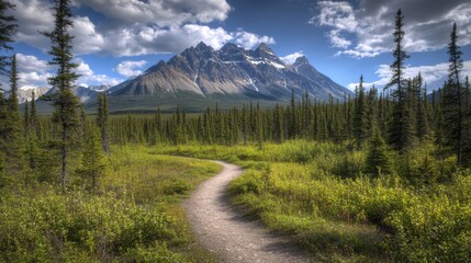 Winding Trail Through Dense Forest with Mountain View