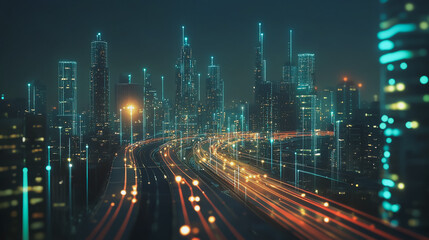 Obraz premium Smart digital Innovation city with connection network reciprocity over the cityscape. of future smart wireless digital city and social media networking systems that connects people with in city