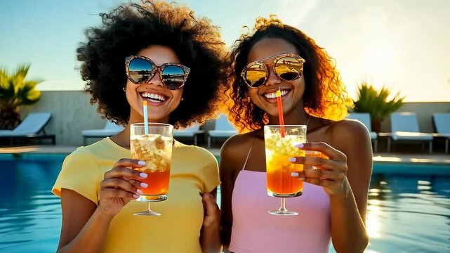 Two young Black women, one in a yellow shirt and the other in pink, smile brightly while holding colorful drinks near a pool under the warm sun, exuding happiness and friendship.