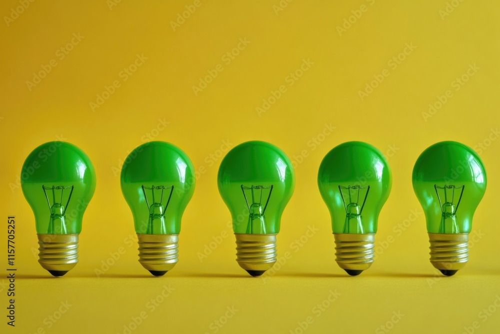 Poster a row of green light bulbs on a bright yellow background, ideal for use in designs related to techno